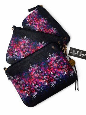 Elliott Lucca Set of 3 Artisan Floral Bouquet Indigo Blue Cosmetic Bags NEW